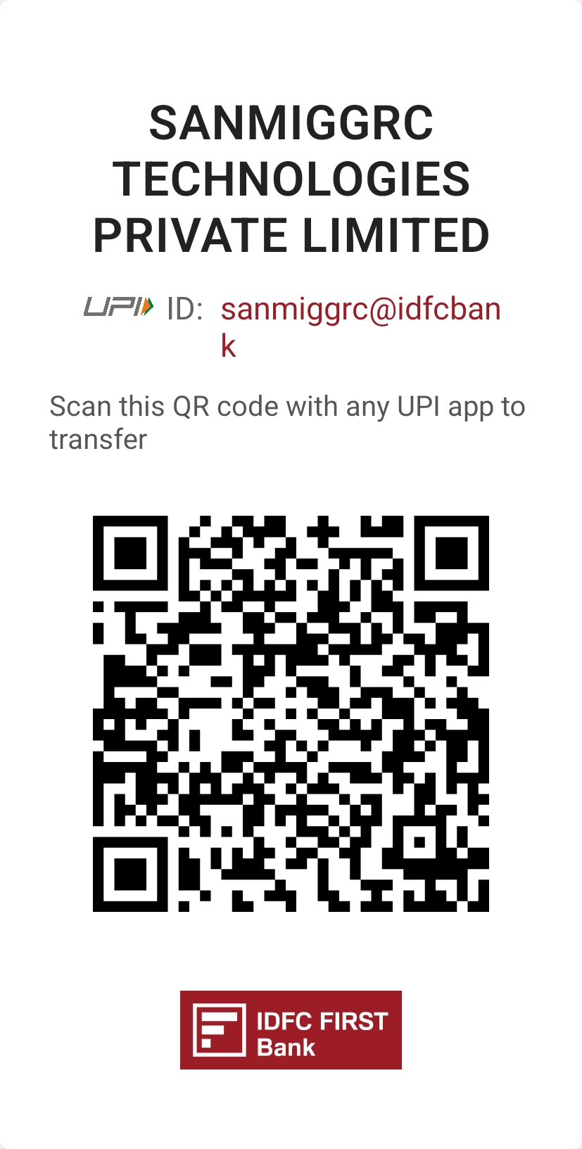 UPI QR code for SANMIGGRC TECHNOLOGIES PRIVATE LIMITED (sanmiggrc@idfcbank) — pay ₹12 L for the DPDP Workflow Readiness Program